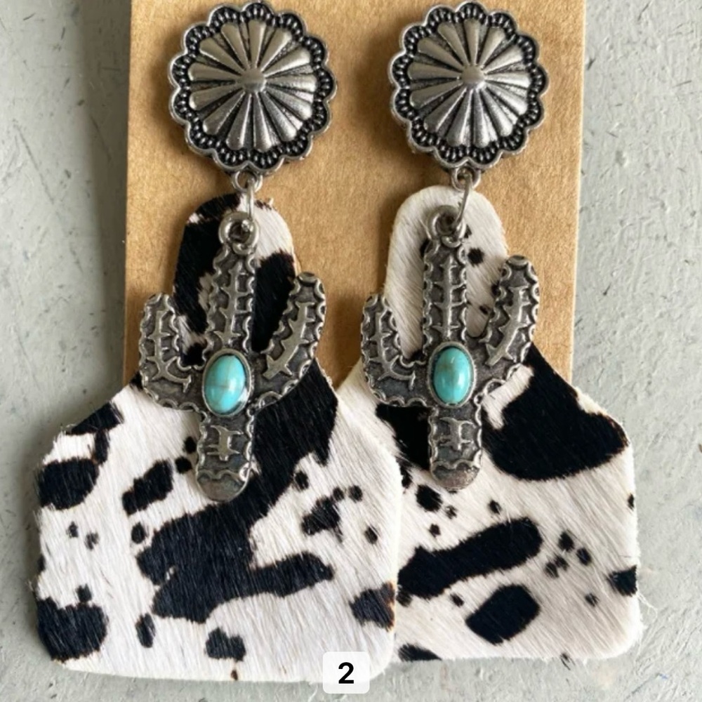 Vintage Cushaw Flower Turquoise Cactus Earrings Leather Cow Western Tab Earring